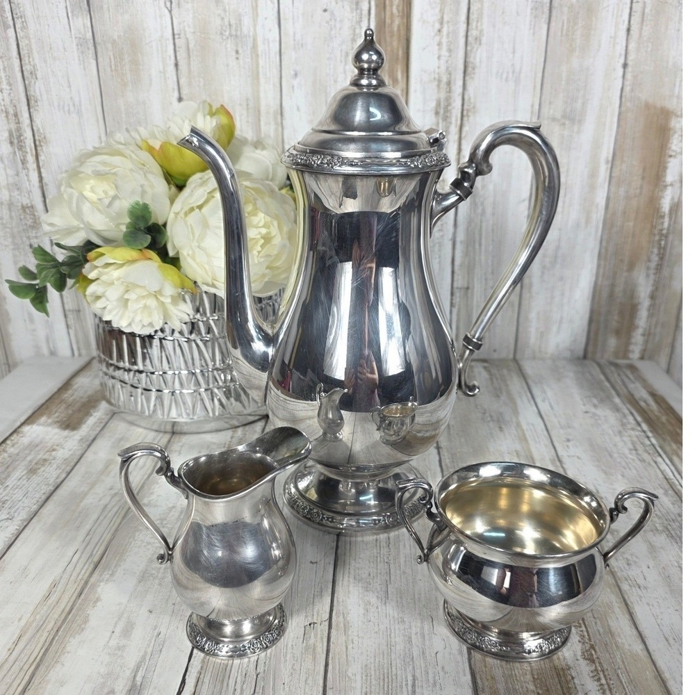International Silver Camille Silverplate Coffee Pot Sugar Bowl Creamer 3pc Set - Picture 4 of 16